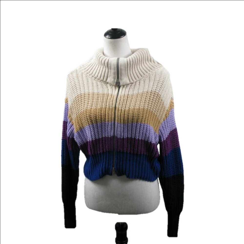 Aerie Vibrant Striped Zip Front Cropped Turtle Neck Sweater Size XS